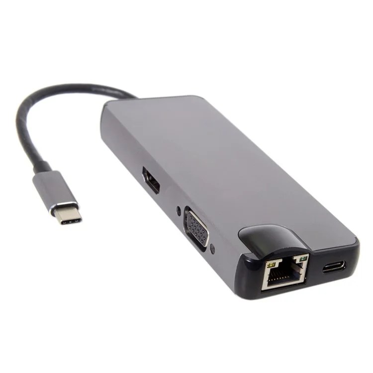 CY UC-059 8-in-1 USB-C Multi-port Adapter Type-C Hub with USB3.0 x 2 + HDMI + VGA + SD/TF + Gigabit Ethernet + Type-C Charging Port