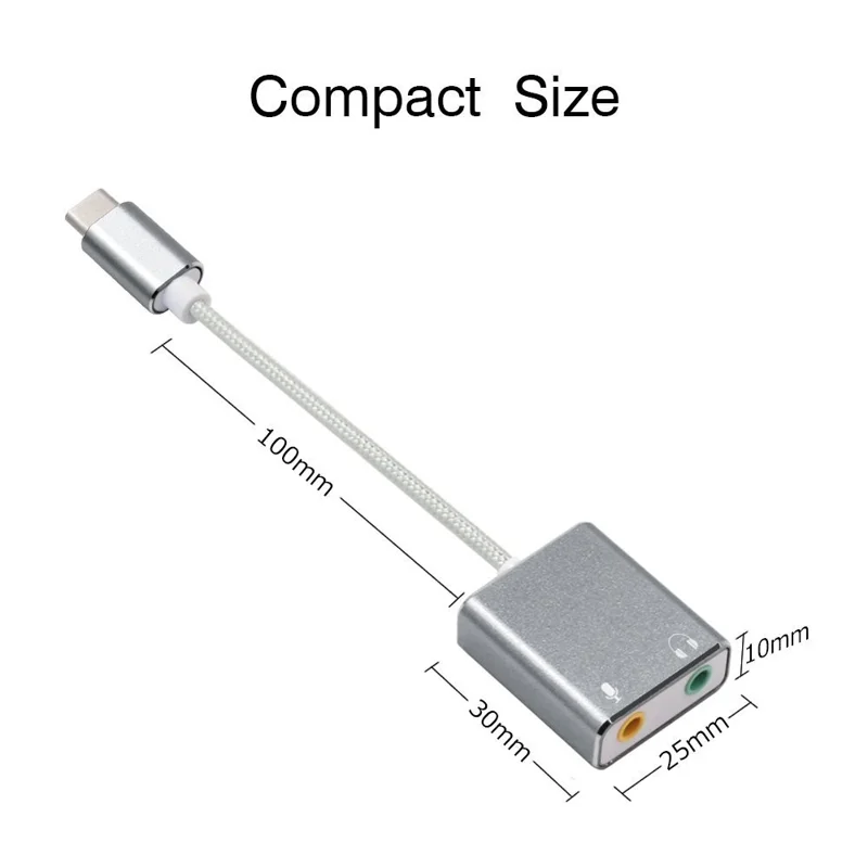 Type-C Audio Adapter External Stereo Sound Card Adapter with 3.5mm Headset Jack and Microphone Jack - Grey