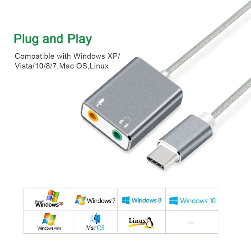 Type-C Audio Adapter External Stereo Sound Card Adapter with 3.5mm Headset Jack and Microphone Jack - Grey