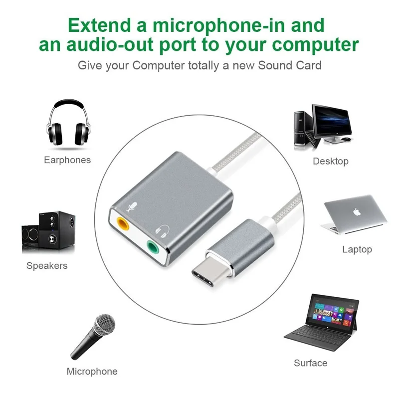 Type-C Audio Adapter External Stereo Sound Card Adapter with 3.5mm Headset Jack and Microphone Jack - Grey