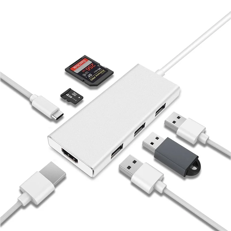 7-in-1 USB-C Adapter with Type C Charging Port 4K HDMI Output SD/TF Card Reader 3 USB 3.0 Ports