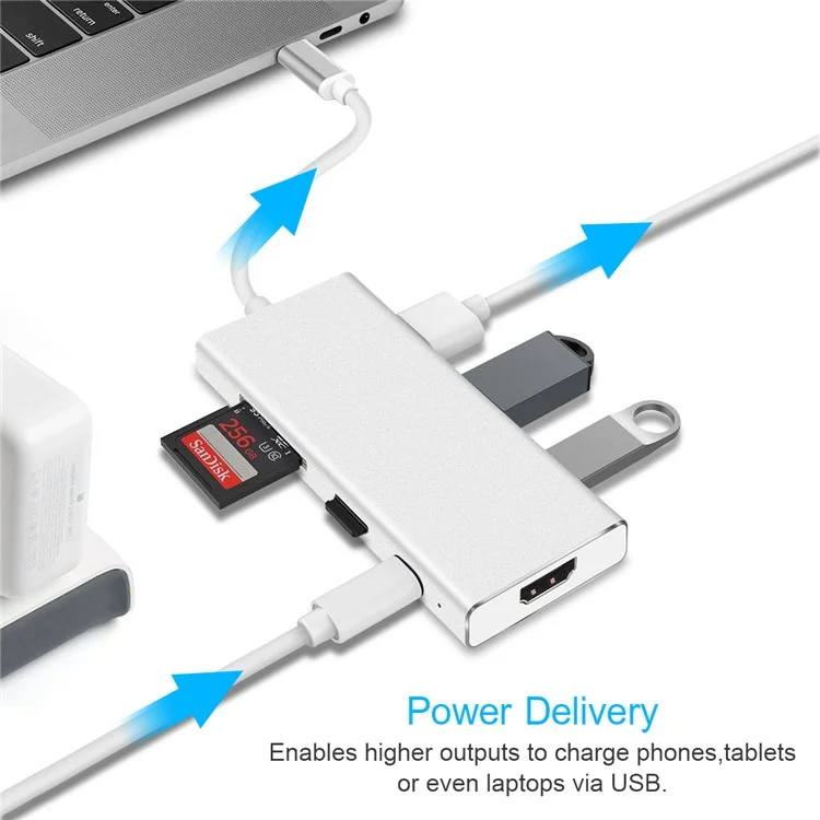 7-in-1 USB-C Adapter with Type C Charging Port 4K HDMI Output SD/TF Card Reader 3 USB 3.0 Ports
