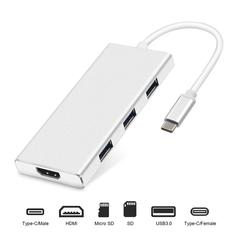 7-in-1 USB-C Adapter with Type C Charging Port 4K HDMI Output SD/TF Card Reader 3 USB 3.0 Ports