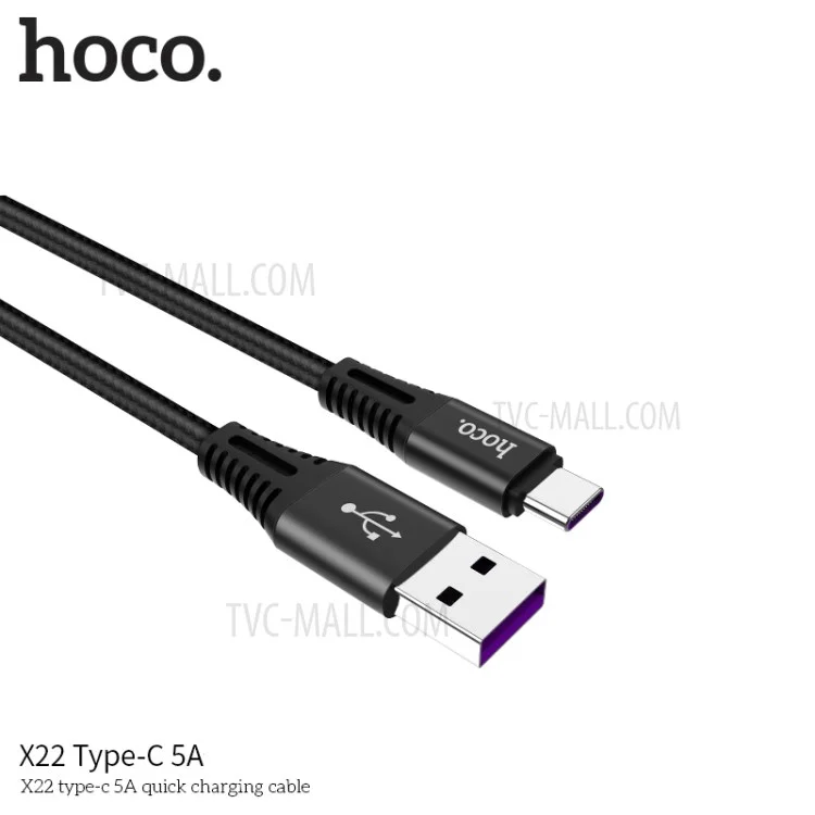 HOCO X22 5A Type-C Charge Data Sync Cable for Huawei Samsung Etc. - Black