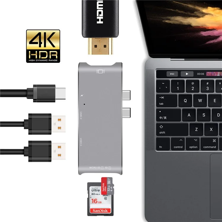 Dual Male USB Type-C Hub Adapter to 4K HDMI Port + SD/TF Card Slots + 2 USB 3.0 Ports + Type-C Female Port