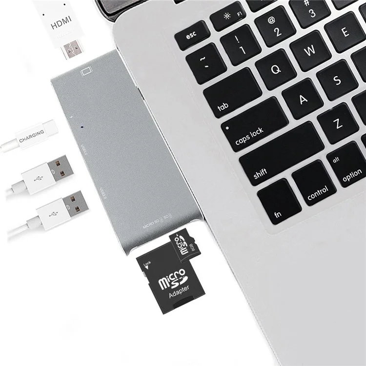 Dual Male USB Type-C Hub Adapter to 4K HDMI Port + SD/TF Card Slots + 2 USB 3.0 Ports + Type-C Female Port