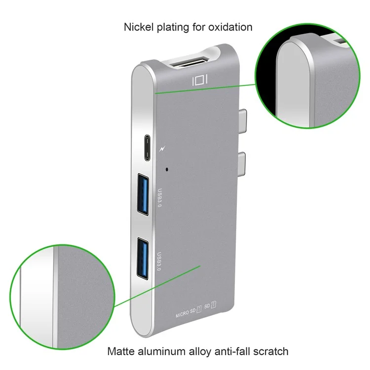 Dual Male USB Type-C Hub Adapter to 4K HDMI Port + SD/TF Card Slots + 2 USB 3.0 Ports + Type-C Female Port