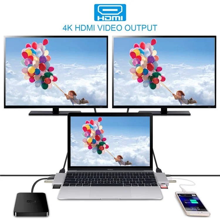 Dual Male USB Type-C Hub Adapter to 4K HDMI Port + SD/TF Card Slots + 2 USB 3.0 Ports + Type-C Female Port