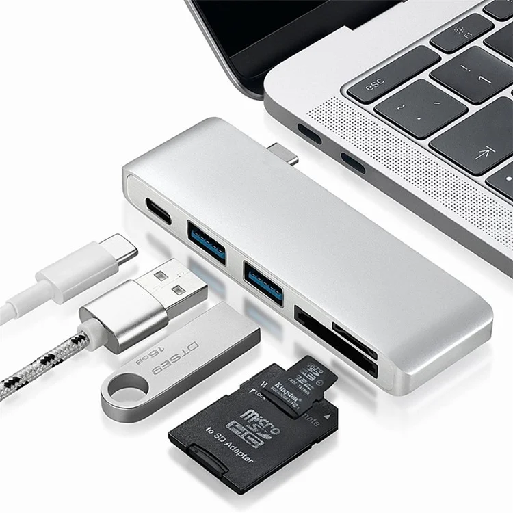 USB Type-C Hub Aluminum Alloy Adapter 5 in 1 Multi-Port Combo Converter for MacBook Pro (2016) - Silver Color