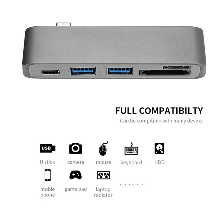 5 in 1 Combo Multi-Port Type-C Hub Aluminum Alloy Adapter Converter for MacBook Pro (2016) - Grey