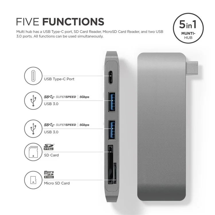 Convertidor De Adaptador De Aleación De Aluminio Tipo MULTI-PORT TIPO C HUB COMBO COMBO Para MacBook Pro (2016) - Gris