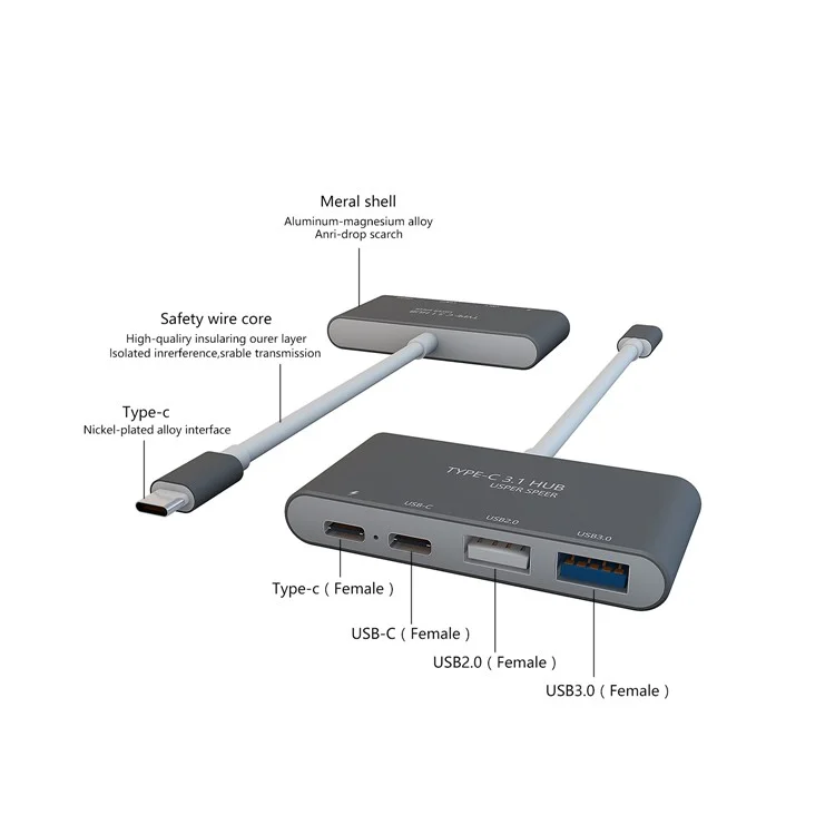 T-805 Type-C 3.1 Hub Converter to USB 2.0 Port+USB 3.0 Port+Type-C Data Port+PD Charger Dock Adapter