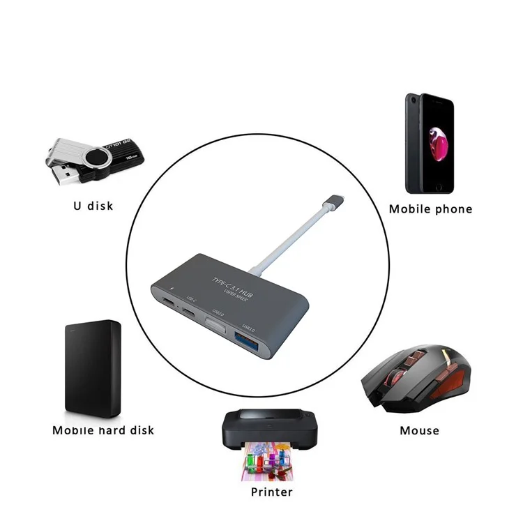 T-805 Type-C 3.1 Hub Converter to USB 2.0 Port+USB 3.0 Port+Type-C Data Port+PD Charger Dock Adapter