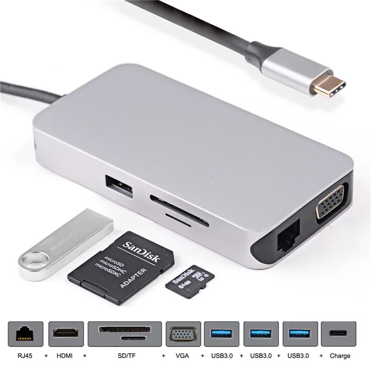 Thunderbolt 3 Dock USB-C VGA HDMI Ethernet 3 Ports HUB TF SD Charger Card Reader Multiport Adapter