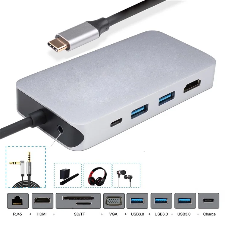 Thunderbolt 3 Dock USB-C VGA HDMI Ethernet 3 Ports HUB TF SD Charger Card Reader Multiport Adapter