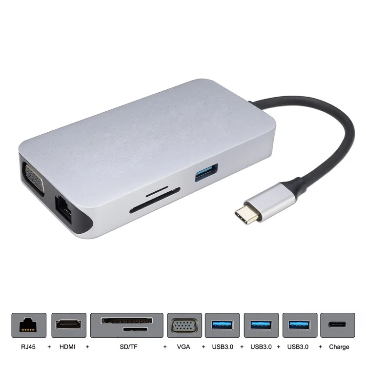 Thunderbolt 3 Dock USB-C VGA HDMI Ethernet 3 Ports HUB TF SD Charger Card Reader Multiport Adapter