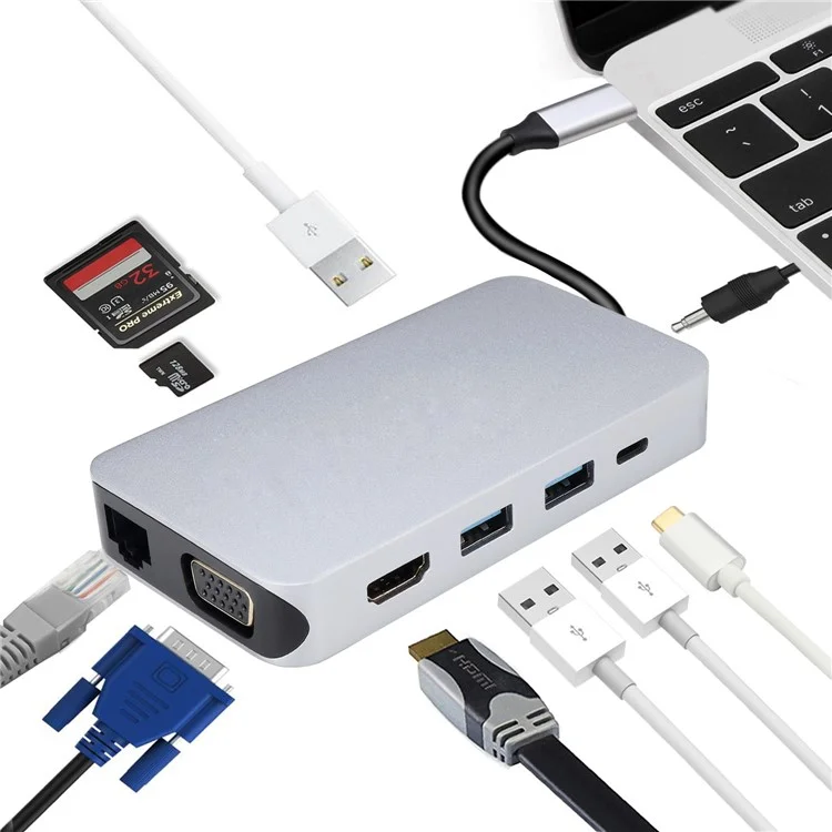 Thunderbolt 3 Dock USB-C VGA HDMI Ethernet 3 Ports HUB TF SD Charger Card Reader Multiport Adapter