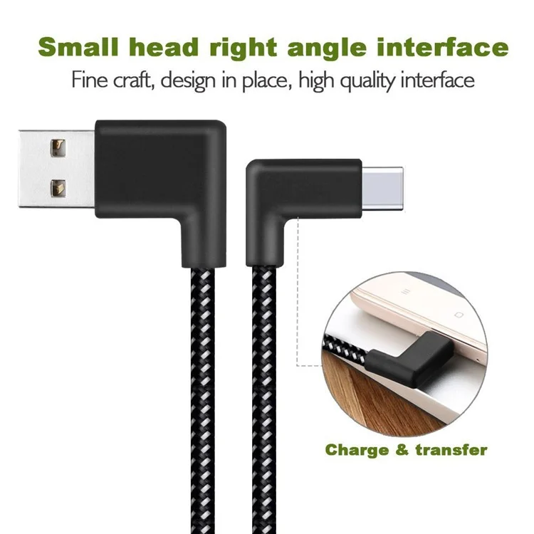 90 Degree Right Angle Type-C Data Sync Charge Cable 2m for Samsung Galaxy S8/Huawei Honor V10 etc.