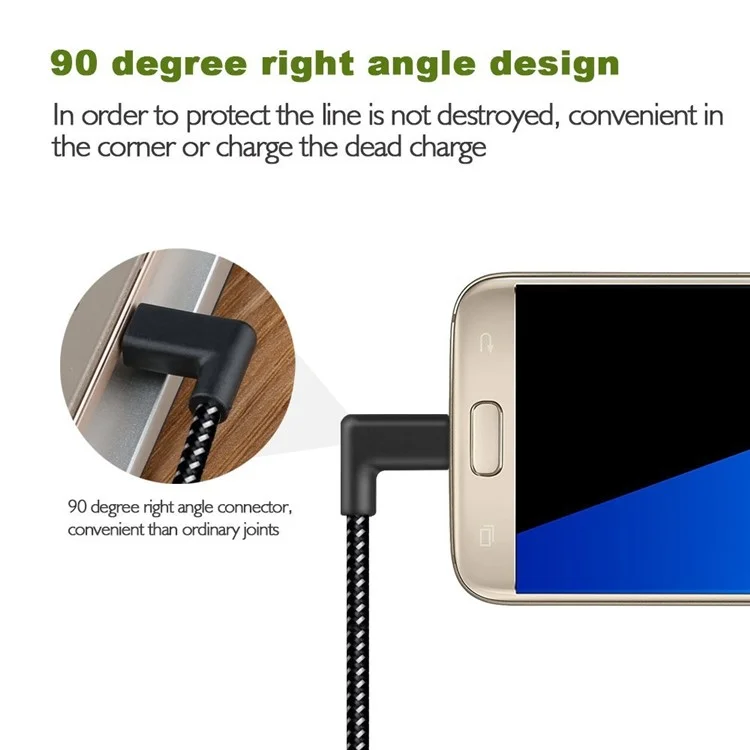 90 Degree Right Angle Type-C Data Sync Charge Cable 2m for Samsung Galaxy S8/Huawei Honor V10 etc.