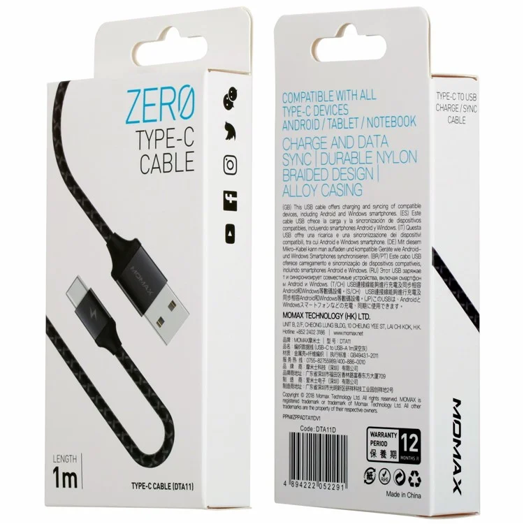 MOMAX Woven Pattern 1M 3.0A Type-C Sync Data Charging Cord for Samsung LG HTC Huawei etc. - Grey