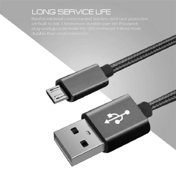 100PCS/Lot 3.0M 2A Woven Pattern Micro USB Data Sync Charger Cable for Samsung HTC Huawei - Black