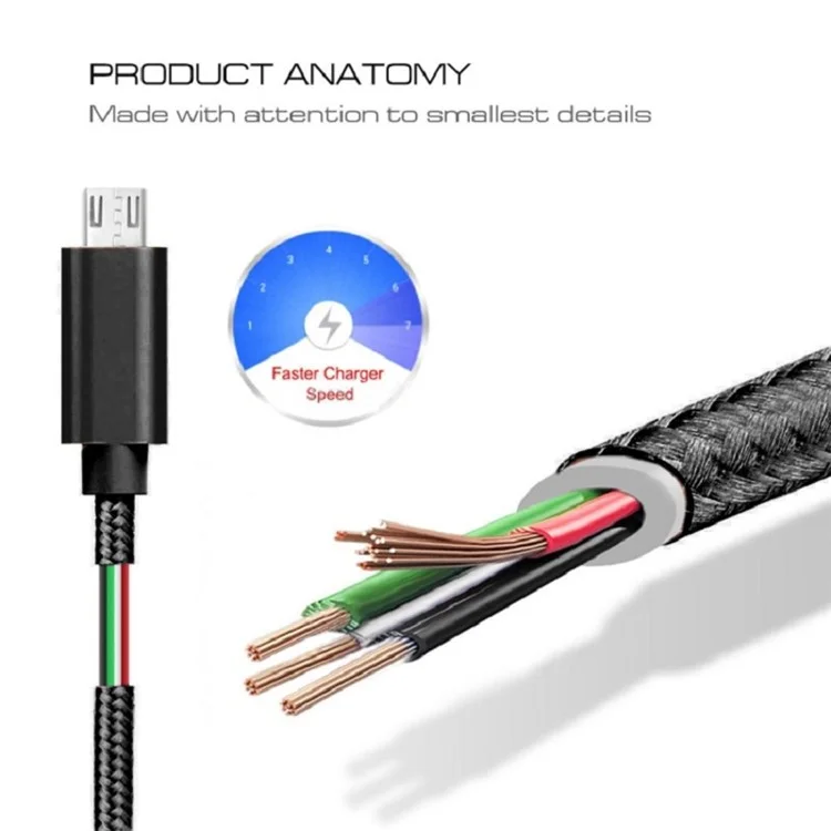 100PCS/Lot 3.0M 2A Woven Pattern Micro USB Data Sync Charger Cable for Samsung HTC Huawei - Black