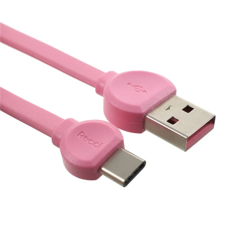 RECCI RCT-D100 Flat Noodle Type-C USB Charger Cable for Samsung HTC Huawei - Pink
