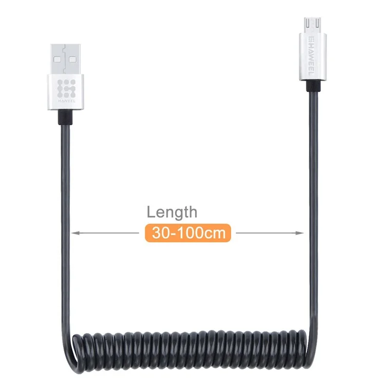 HAWEEL Spring Coiled Micro USB Data Sync Charging Cable for Samsung HTC Huawei - Black