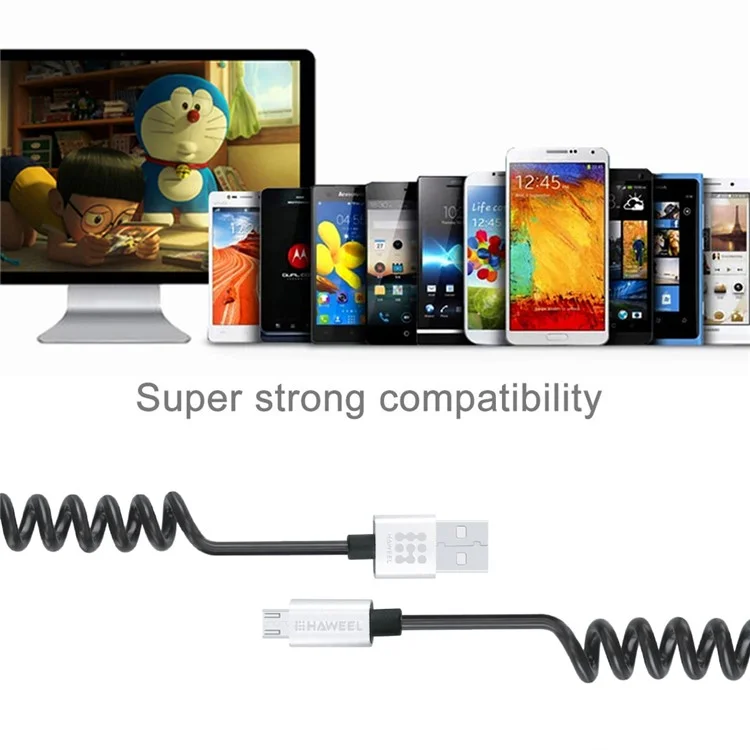 HAWEEL Spring Coiled Micro USB Data Sync Charging Cable for Samsung HTC Huawei - Black