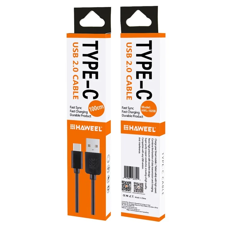 HAWEEL HWL-1020 1m Type-C USB2.0 Data Sync Charging Cord Cable - Black