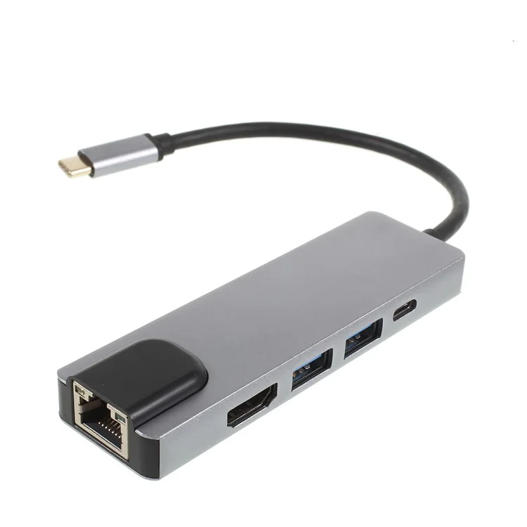 Type-C to HDMI + 2 USB 3.0 + USB-C Ports Cable Adapter with RJ45 Gigabit Ethernet LAN Network Port for New MacBook