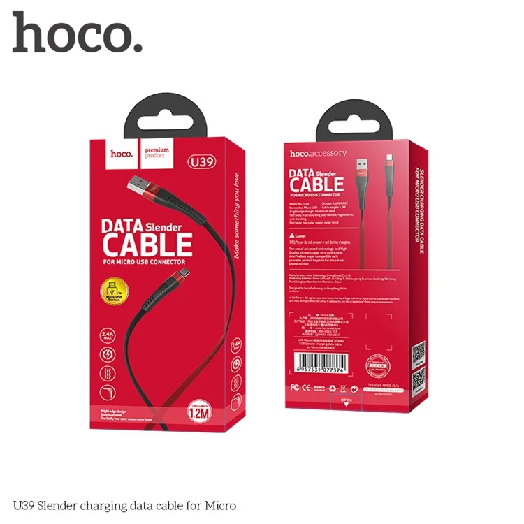 HOCO U39 Slender Series Charge Data Sync Micro USB Flat Cable Cord for Samsung LG Huawei etc. - Red