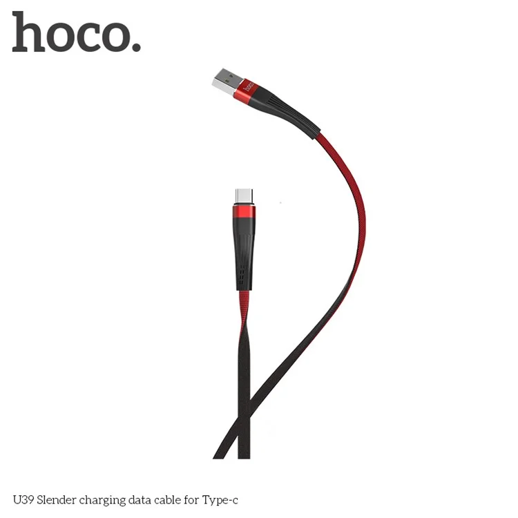 HOCO U39 2.4A Slender Series Reversible Type-C USB Charge Data Cable for Samsung LG Huawei etc. - Red