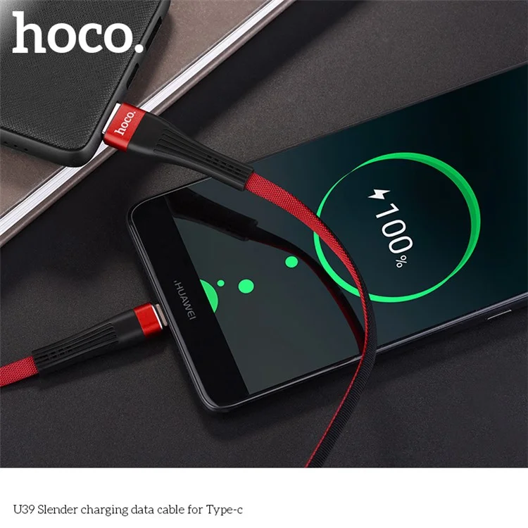 HOCO U39 2.4A Slender Series Reversible Type-C USB Charge Data Cable for Samsung LG Huawei etc. - Red