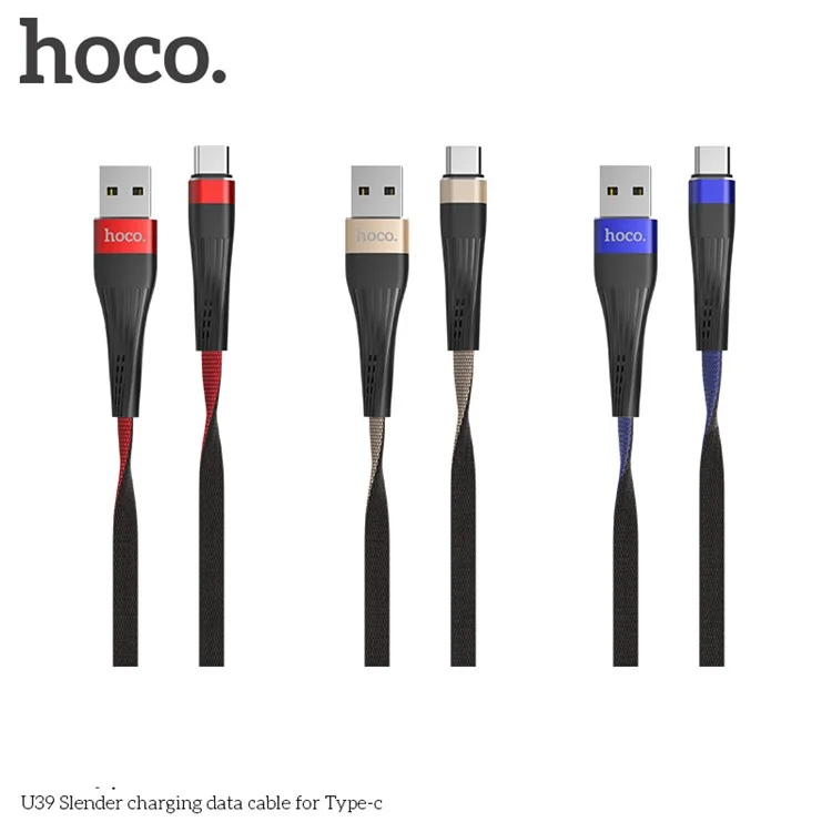 HOCO U39 2.4A Slender Series Reversible Type-C USB Charge Data Cable for Samsung LG Huawei etc. - Red