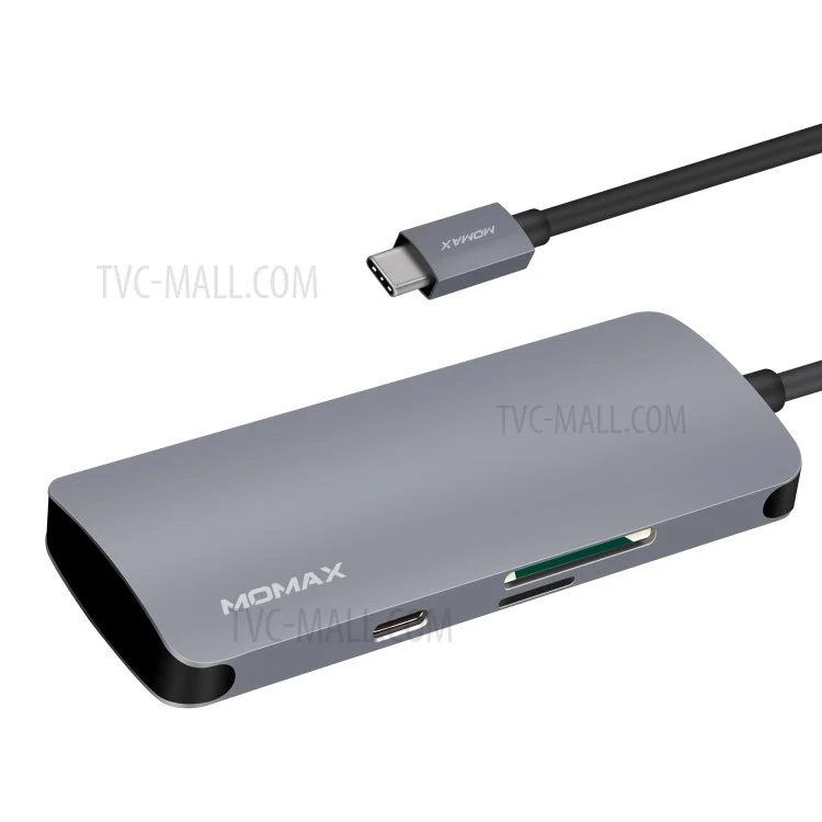 MOMAX ONE LINK Aluminum 6-in-1 Type-C to 3 USB 3.1 Ports + Type-C Charging Port + TF/SD Card Reader Ports Adapter Hub - Grey