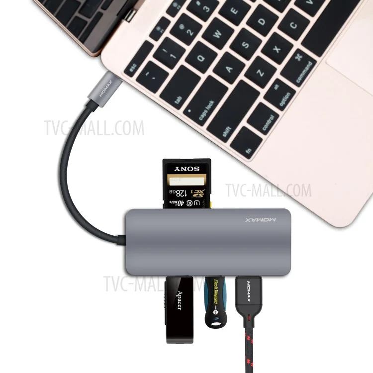 MOMAX ONE LINK Aluminum 6-in-1 Type-C to 3 USB 3.1 Ports + Type-C Charging Port + TF/SD Card Reader Ports Adapter Hub - Grey