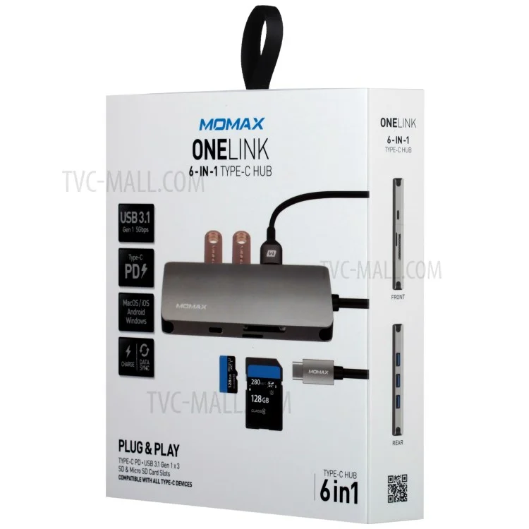 MOMAX ONE LINK Aluminum 6-in-1 Type-C to 3 USB 3.1 Ports + Type-C Charging Port + TF/SD Card Reader Ports Adapter Hub - Grey