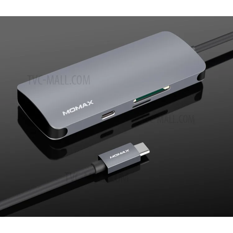 MOMAX ONE LINK Aluminum 6-in-1 Type-C to 3 USB 3.1 Ports + Type-C Charging Port + TF/SD Card Reader Ports Adapter Hub - Grey