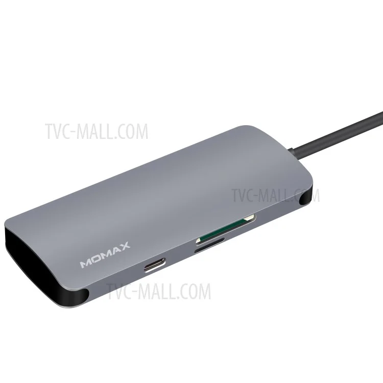 MOMAX ONE LINK Aluminum 6-in-1 Type-C to 3 USB 3.1 Ports + Type-C Charging Port + TF/SD Card Reader Ports Adapter Hub - Grey