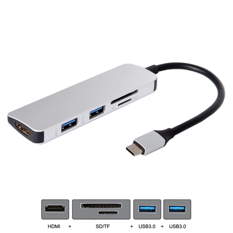 Adaptateur USB 3.1 Type-C vers HDMI + Double Ports USB3.0 + Lecteur de Carte SD/TF pour MacBook