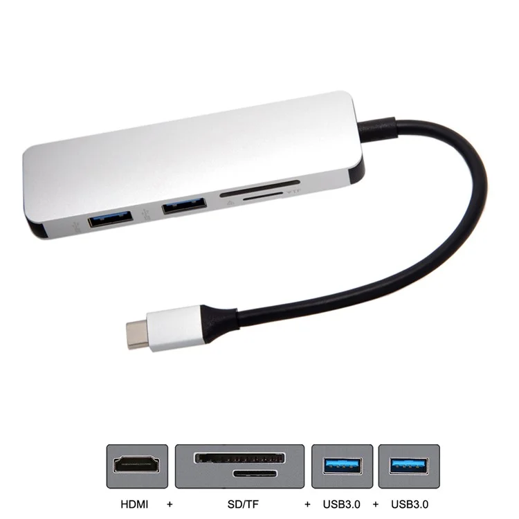 Adaptateur USB 3.1 Type-C vers HDMI + Double Ports USB3.0 + Lecteur de Carte SD/TF pour MacBook