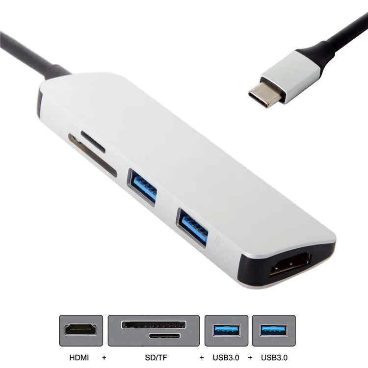Adaptateur USB 3.1 Type-C vers HDMI + Double Ports USB3.0 + Lecteur de Carte SD/TF pour MacBook