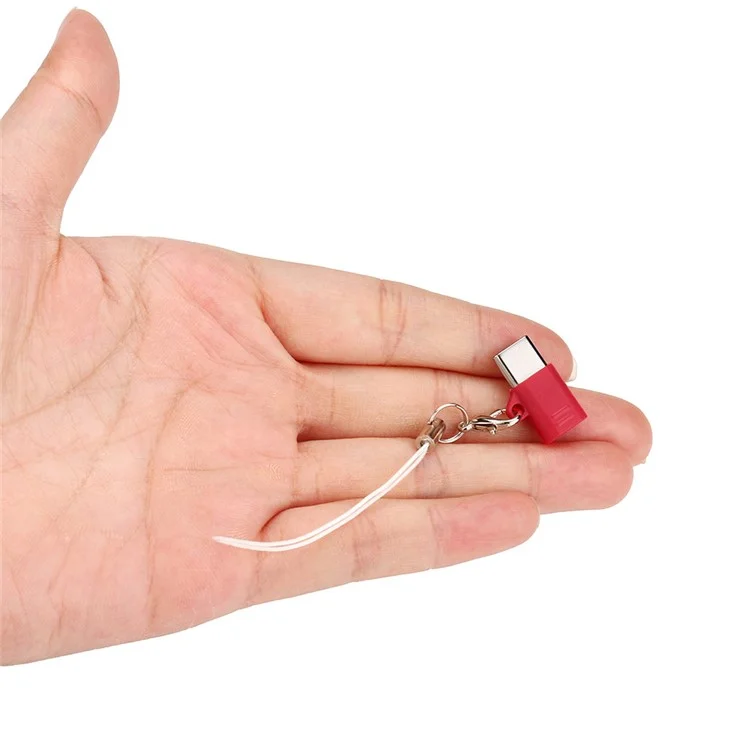 Mini Micro USB Male to Type-C Female Charging Sync Converter with Anti-lost Chain - Red