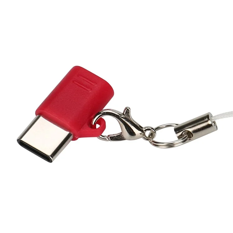 Mini Micro USB Male to Type-C Female Charging Sync Converter with Anti-lost Chain - Red