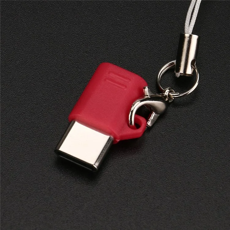 Mini Micro USB Male to Type-C Female Charging Sync Converter with Anti-lost Chain - Red