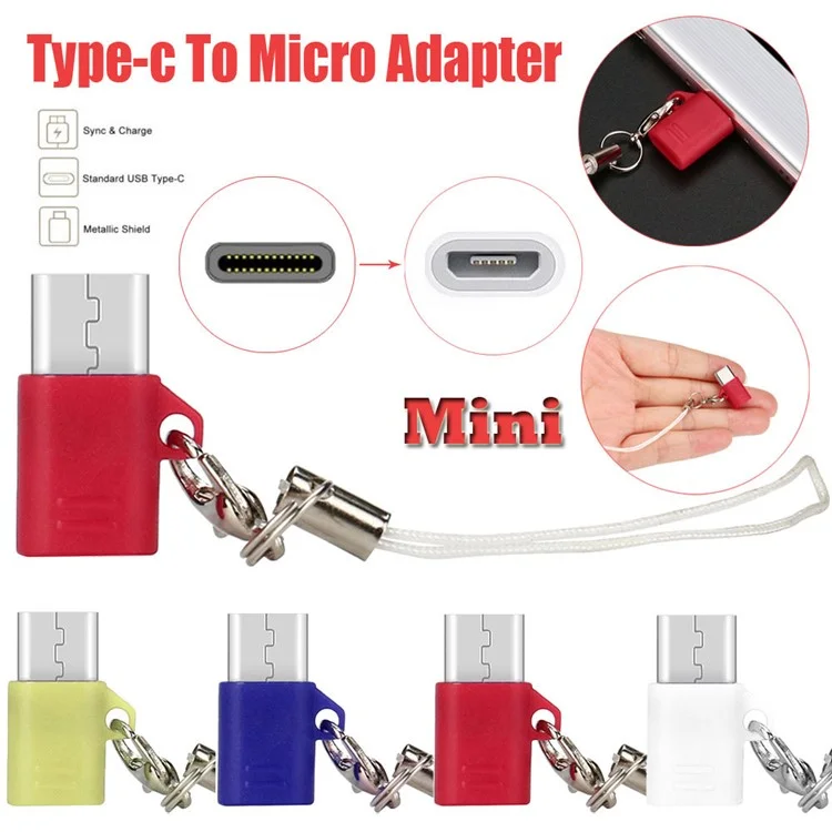 Mini Micro USB Male to Type-C Female Charging Sync Converter with Anti-lost Chain - Red