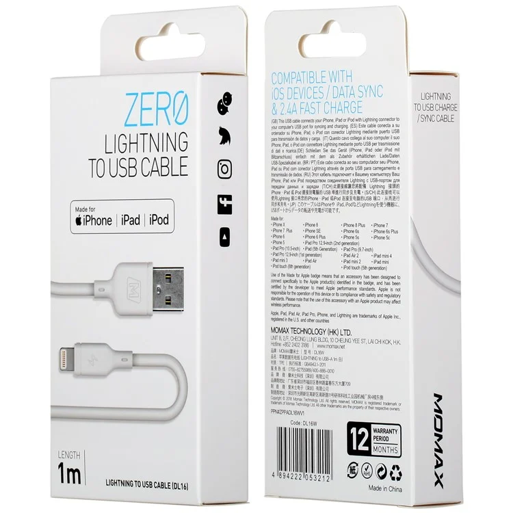 MOMAX MFI Certified Lightning 8 Pin 2.4A Output Charging Data Cable for iPhone iPad iPod (1m) - White