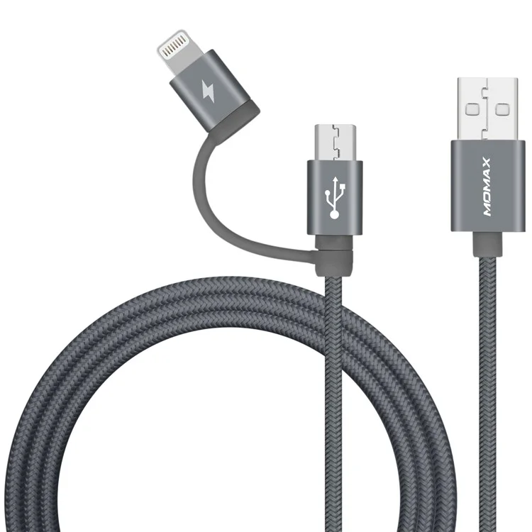 Grey - MOMAX MFI Certified 1m 2-in-1 Lightning 8Pin + Micro USB Charge Data Cable for iPhone Samsung Huawei