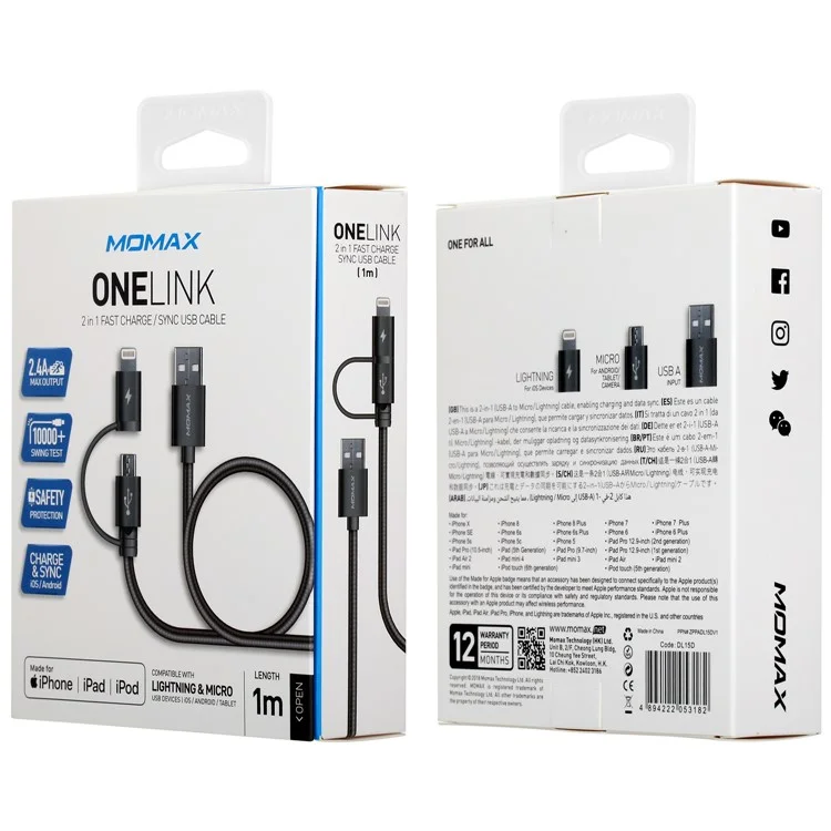 Grey - MOMAX MFI Certified 1m 2-in-1 Lightning 8Pin + Micro USB Charge Data Cable for iPhone Samsung Huawei